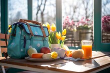 Schoolbag With Healthy Breakfast, Schoolbag On A Table With A Delicious Breakfast Spread, Water Bottle, And Lunchbox, Set On A Sunny Terrace With Blooming Flowers, Embracing The Joy Of Spring