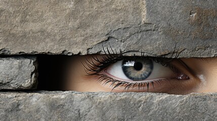 Wall Mural - A woman's eye peers through a hole in a stone wall. Generative AI image.