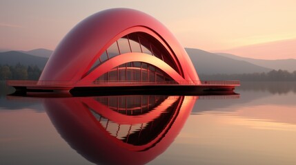 Wall Mural - a large red building sitting on top of a lake. generative ai image.