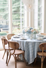 Country Dining Room Decor With Blue Details, Interior Design And House Improvement, Elegant Table With Chairs, Furniture And Home Decor, English Cottage Style, Generative Ai