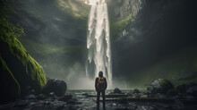 An Image Of A Person From Behind Standing At The Edge Of A Majestic Waterfall Capturing The Awe Of Nature.