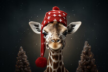 Happy New Year And Merry Christmas Banner. Portrait Of Cute Giraffe Head In Santa Hat With Copy-space. Close-up Of Funny Animal In Red Christmas Hat