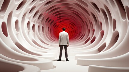 Wall Mural - a man in a white suit standing in a red tunnel. generative ai image.