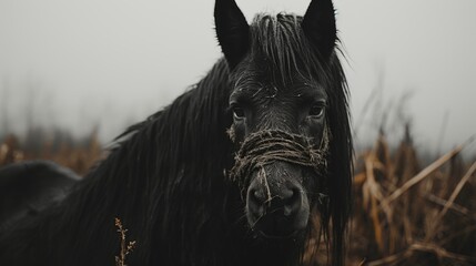 Sticker - A black horse standing in a field of tall grass. Generative AI image.