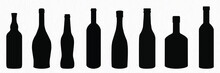 Silhouette Set Of Alcohol Bottle Including Wine, Beer, Champagne, Vodka, Beverage, Cocktail, Whiskey, Brandy, Rum