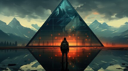 Wall Mural - a person standing in front of a pyramid. generative ai image.