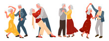 Cartoon Isolated Collection With Pair Of Old Man And Woman Dancing To Music Together, Dance Club Or School For Older Romantic Grandparents. Slow And Fun Dance Of Senior Couple Set Vector Illustration