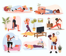 People Practice Sports Exercises At Home Set Vector Illustration. Cartoon Young Male And Female Characters Training In Living Room, Active Healthy Squat, Plank And Dumbbell Steps Of Athletes Indoor