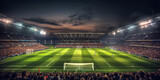 Fototapeta Sport - Football stadium at night with green grass and crowds in the background 