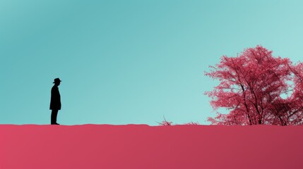 Wall Mural - a man standing on top of a hill next to a tree. generative ai image.