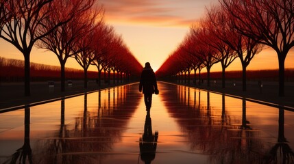 Canvas Print - A person walking down a long walkway with trees in the background. Generative AI image.