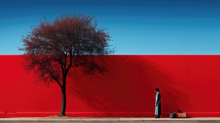 Sticker - A man standing next to a red wall with a tree. Generative AI image.