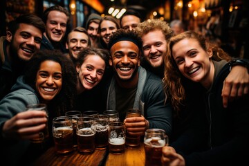 Wall Mural - A group of friends of different nationalities sit at a table in a bar and drink beer at the annual German festival Oktoberfest. Alcoholic drink on amber-colored hops with foam. AI generation