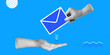Correspondence delivery, postal services, receiving information. The hand passes the symbolic envelope to the other hand.