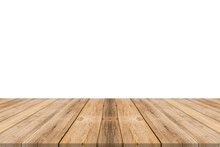 Wooden Board Empty Table In Front Of Blurred Background. Perspective Brown Wood Over Blur Trees In Forest - Can Be Used For Display Or Montage Your Products. Spring Season. Vintage Filtered Image.