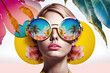 Fashionable young woman wearing big colorful sunglasses. Retro style summer collage with tropical flowers. Generative AI