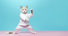 Funny Cat In White Kimono Exercising Yoga Or Asian Martial Arts. Legs Wide Stance, Paws In Air. Banner With Copy Space On Side. Generative AI