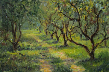 Canvas Print - Apple trees in russian summer park, oil painting