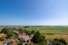 Typical Dutch Polder In Summer, Canal Or Ditch And Green Meadow, Overview From The Top Of Church Tower In Ransdorp, A Small Village Part Of The Municipality Of Amsterdam, North Holland, Netherlands.
