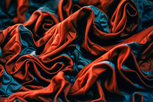 Generative AI Image Of Top View Of Closeup Of Abstract Fractal Design Of Red And Blue Fabric Drape Background Material In Full Frame With Wrinkles And Folds