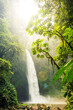 Leinwandbild Motiv A waterfall plumits into a deep gorge of a tropical rainforest and flows downstram with lush green vegetation surrounding.