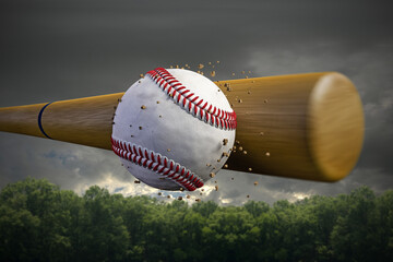 Wall Mural - 3d illustration of a baseball bat smashing a baseball ball