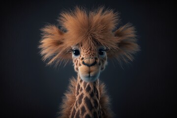 Wall Mural - Fluffy giraffe. Dark background. Generative AI