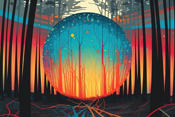 Wall Mural - Psychedelic colorful abstract forest. In style of vector illustration. Generative AI