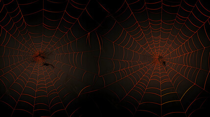 Real creepy spider webs silhouette isolated on black banner panorama - Halloween background template 
