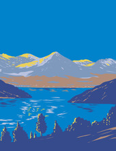 WPA Poster Art Of Lake Geneva In The Cantons Of  Vaud, Geneva And Valais On North Side Of The Swiss Alps In Switzerland Done In Works Project Administration Or Art Deco Style.