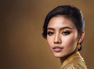 Portrait of a beautiful indian woman wearing a traditional clothing. Female model posing in shiny golden attire