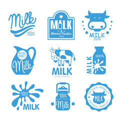 Canvas Print - Blue and white milk symbols, icons or logos for dairy, farm food design