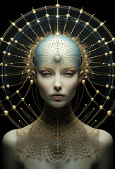 Wall Mural - A woman with a golden head piece and a black background. Generative AI.