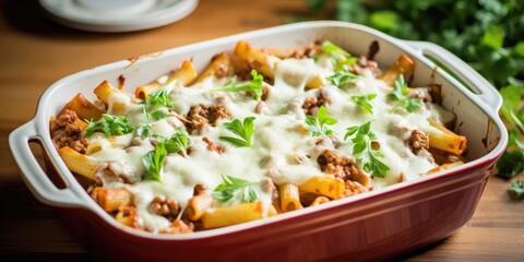 Wall Mural - cheesey baked italian ziti in casserole baking dish made with penne pasta, tomato sauce and cheese inside kitchen created with generative AI