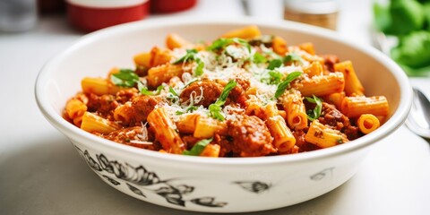 Wall Mural - baked italian ziti in bowl made with penne pasta, tomato sauce and cheese inside kitchen created with generative AI