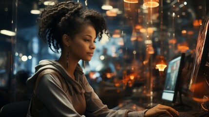A woman working with technology. Generative AI. 