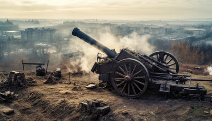 Battle-ready cannon in historical conflict Past war weapon and vehicle fighting. Generative AI