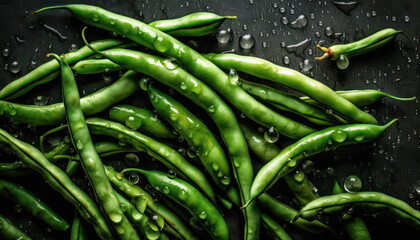 Sticker - Fresh organic green beans on black background. Water drops create a splash. Healthy vegetarian ingredient. Generative AI