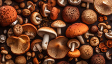 An Abundant Variety Of Fresh, Brown Mushrooms Arranged In A Flat Lay. No People. Top View. Perfect For Food And Wellbeing Themes. Generative AI