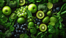 Abundance Of Fresh And Healthy Mixing Fruit And Vegetables For Wellbeing: A Large Group Of Mixed Green Produce. Generative AI