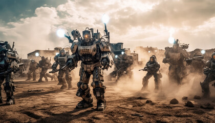 Generative AI Wars Future Battlefield Unleashes Robotic Squads into the Epic Conflict of Human vs. Machine Sci-Fi Battlezone Futuristic Soldiers and Advanced Weapons Ignite a Dystopian War