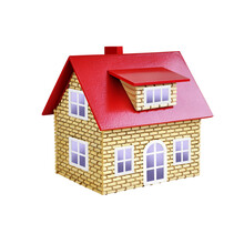 A Small House Made Of Wood With A Red Roof On A White Background