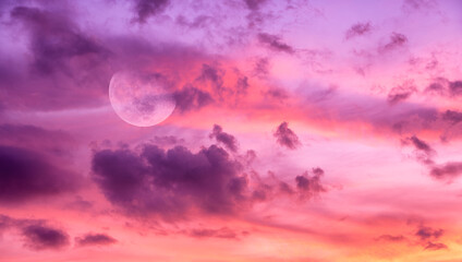 Wall Mural - Sunset Full Moon Clouds Ethereal Surreal Abstract Sky