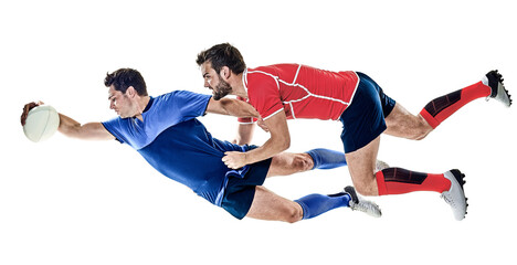 Canvas Print - two caucasian rugby player  men  studio isolated on white background