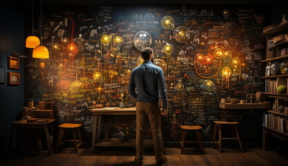 An photo showcasing a person standing in front of a chalkboard covered in complex formulas and calculations. Based on Generative Ai.