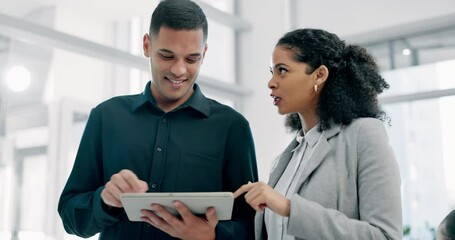 Poster - Tablet, teamwork and business people, accountants and discussion in corporate office. Technology, collaboration and happy auditors on internet for research, email and planning for accounting project