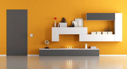 Wall Mural - Modern living room with ecological fireplace and closed door - 3d rendering