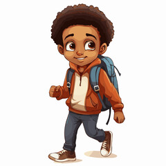 Canvas Print - simple cartoon clipart black african american boy student child going to school white background