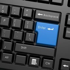 Poster - Blue enter button in black keyboard image with hi-res rendered artwork that could be used for any graphic design.