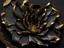 Lutus Flower 3d Wallpaper For Wall Frames Fractal Flowers Golden And Black Liquid Marble Background. Resin Geode And Abstract Art, Functional Art, Like Geode Painting. Ai Generated